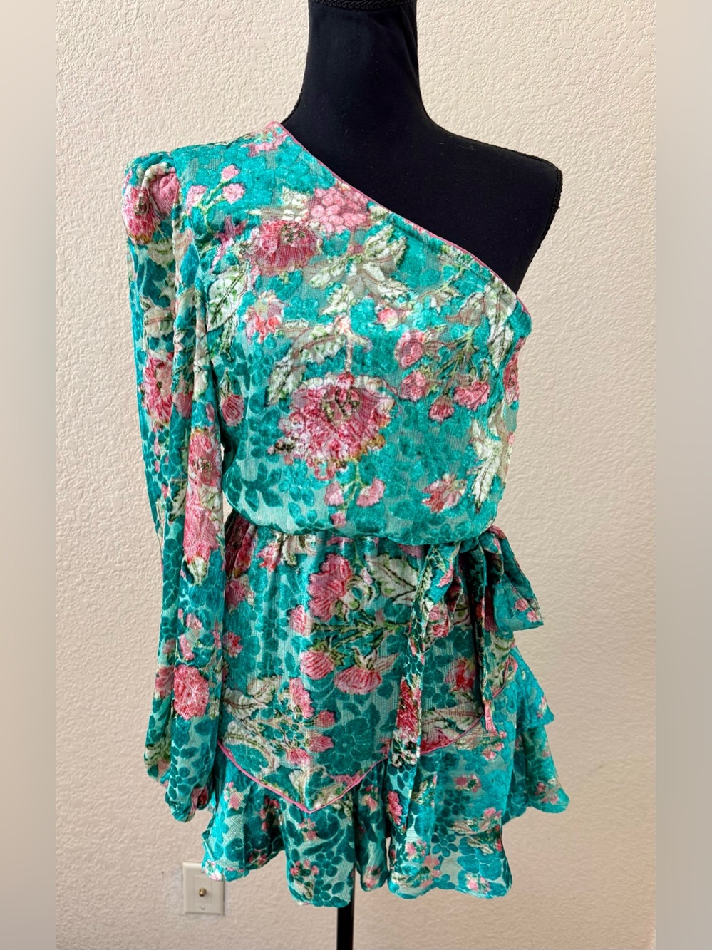 NWT Hermant & Nandita Velvet Teal Floral Metallic One Shoulder Mini Dress Med - Picture 9 of 16